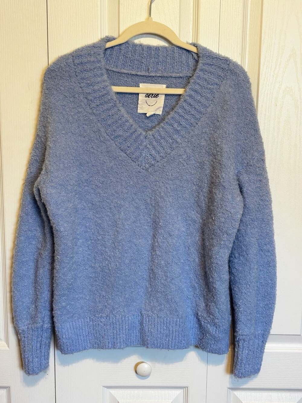 Aerie V-Neck Sweater Size S Light Blue Fuzzy Knit Pullover